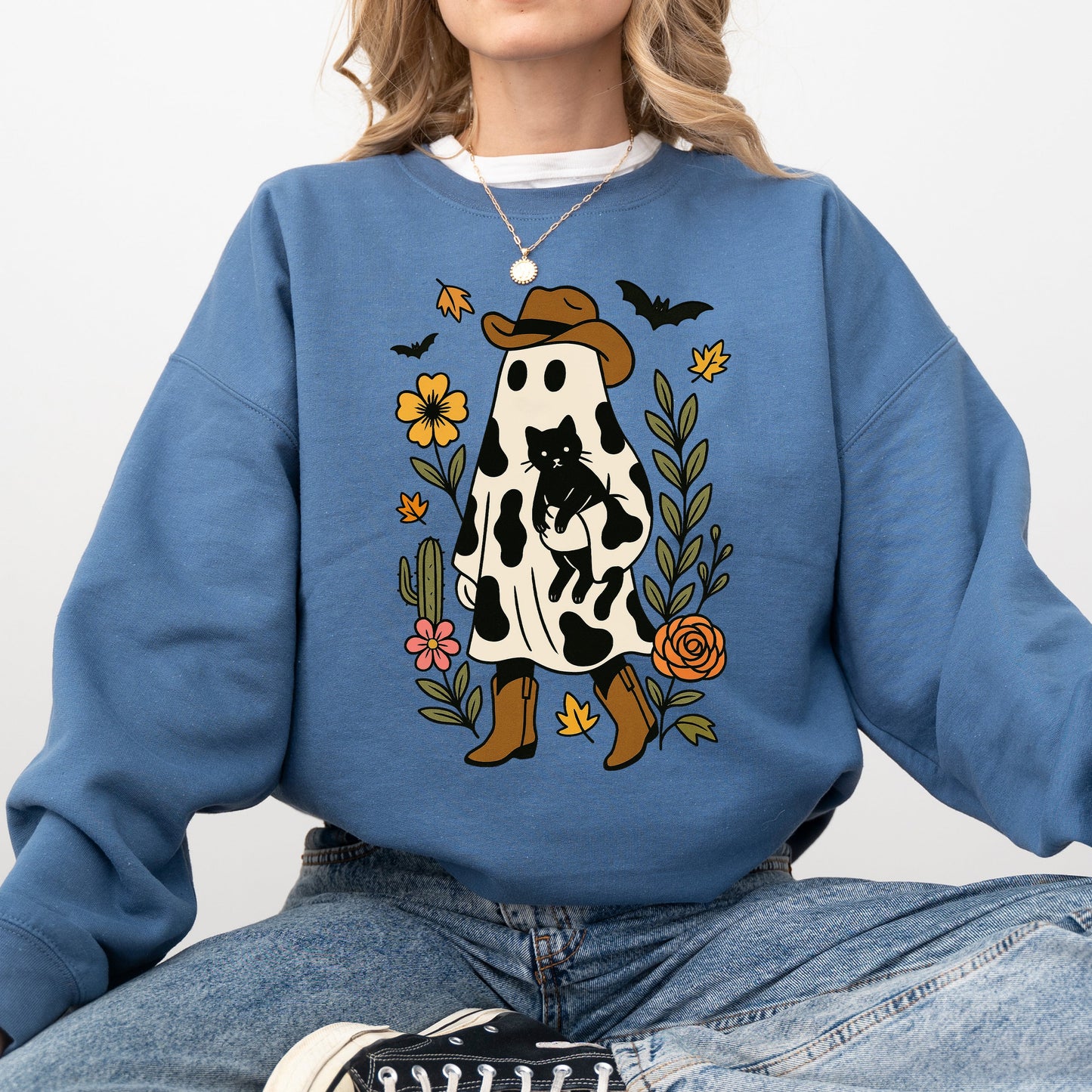 Cute Cowboy Ghost, Cat, Western, Halloween, Retro, Vintage, Spooky, Costume, Fall, Graphic Sweatshirt