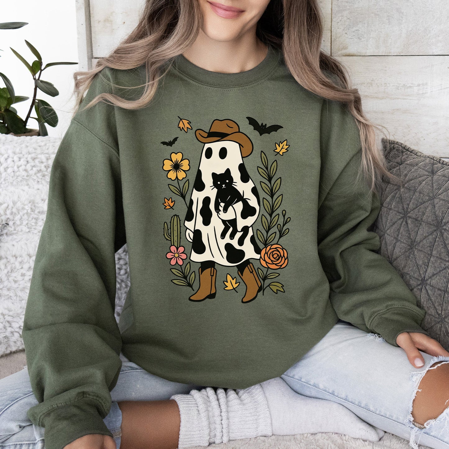 Cute Cowboy Ghost, Cat, Western, Halloween, Retro, Vintage, Spooky, Costume, Fall, Graphic Sweatshirt
