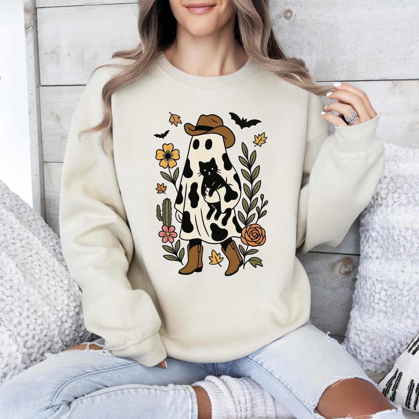 Cute Cowboy Ghost, Cat, Western, Halloween, Retro, Vintage, Spooky, Costume, Fall, Graphic Sweatshirt