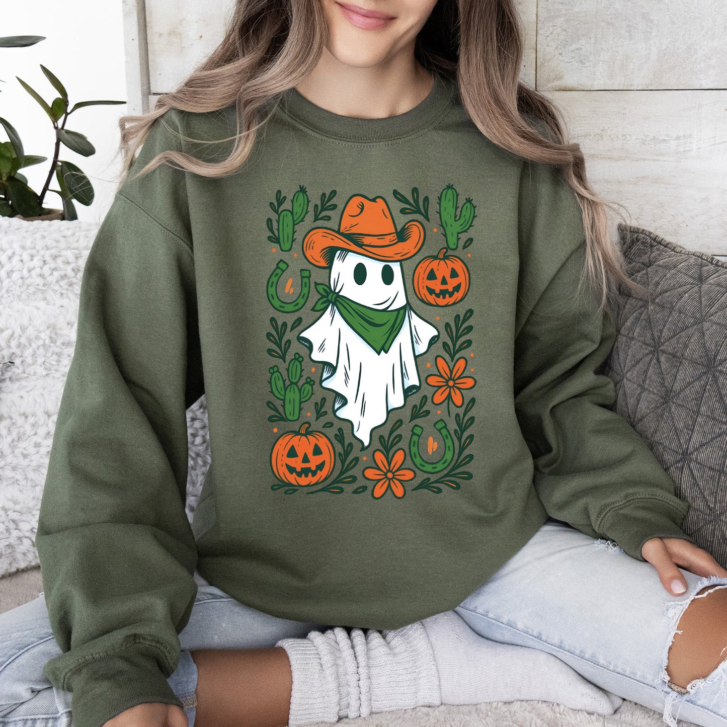 Western Ghost, Cowboy, Pumpkin, Halloween, Retro, Vintage, Spooky, Costume, Fall, Graphic Sweatshirt