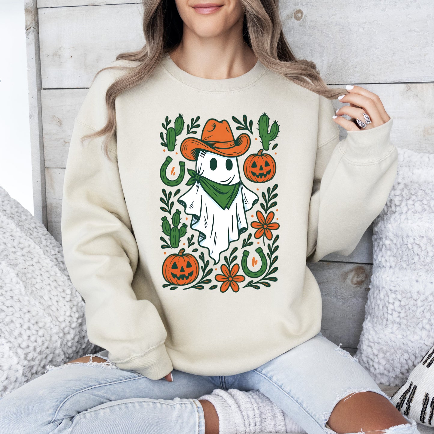 Western Ghost, Cowboy, Pumpkin, Halloween, Retro, Vintage, Spooky, Costume, Fall, Graphic Sweatshirt