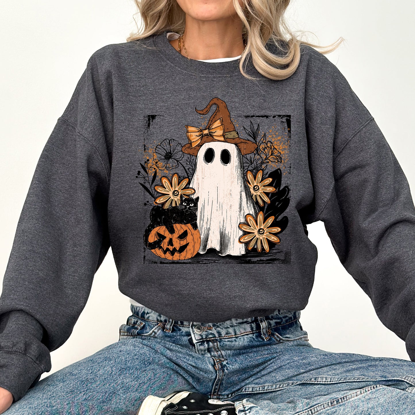 Vintage Ghost, Witch, Bow, Coquette, Pumpkin, Halloween, Floral, Retro, Spooky, Costume, Fall, Graphic Sweatshirt