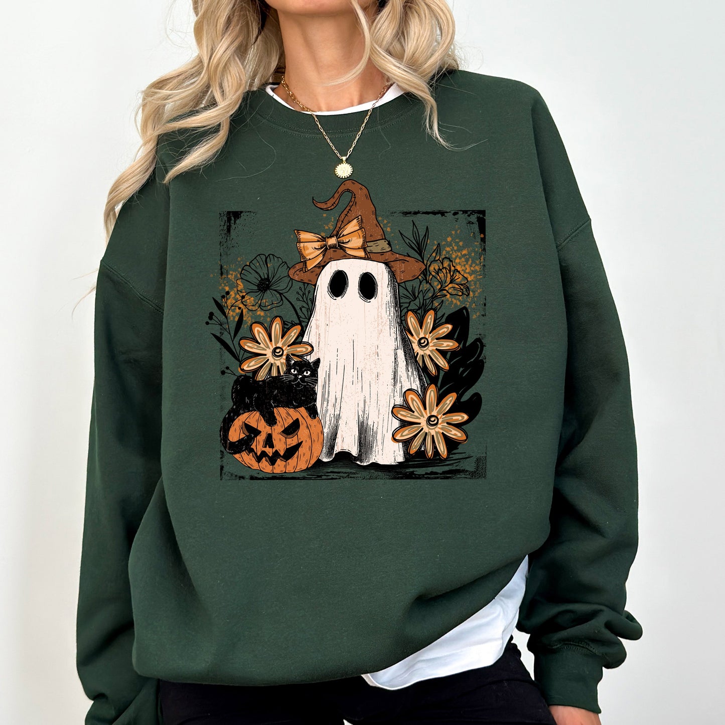 Vintage Ghost, Witch, Bow, Coquette, Pumpkin, Halloween, Floral, Retro, Spooky, Costume, Fall, Graphic Sweatshirt