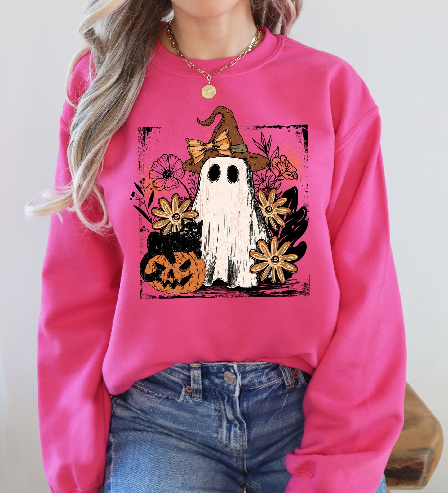 Vintage Ghost, Witch, Bow, Coquette, Pumpkin, Halloween, Floral, Retro, Spooky, Costume, Fall, Graphic Sweatshirt