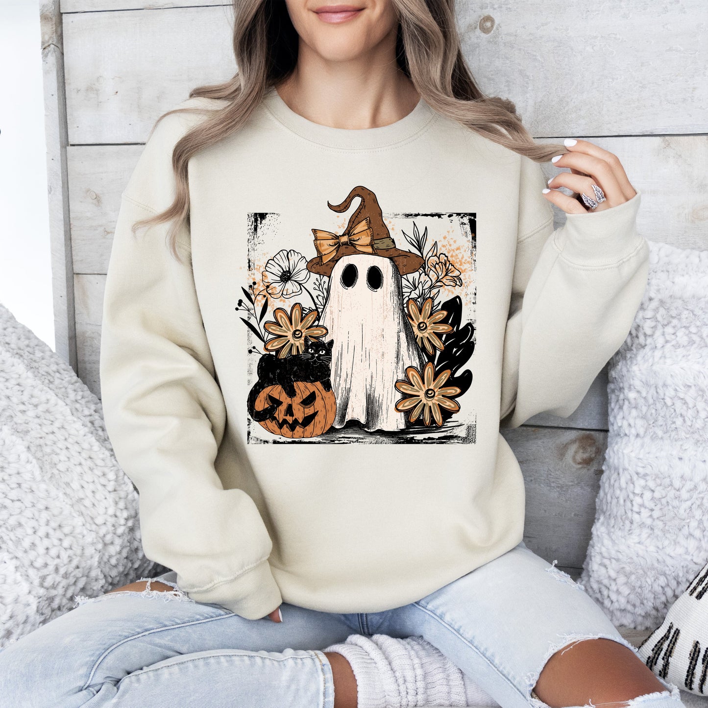 Vintage Ghost, Witch, Bow, Coquette, Pumpkin, Halloween, Floral, Retro, Spooky, Costume, Fall, Graphic Sweatshirt
