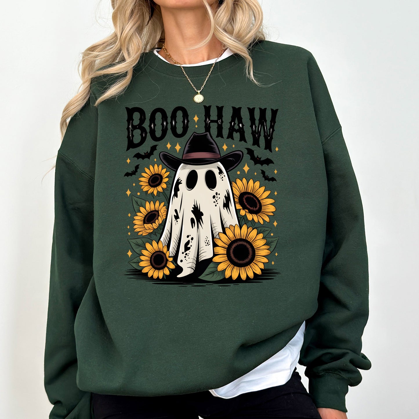 Boo Haw, Cowboy Ghost, Halloween, Western, Sunflowers, Vintage, Pumpkin, Retro, Spooky, Costume, Fall, Graphic Sweatshirt