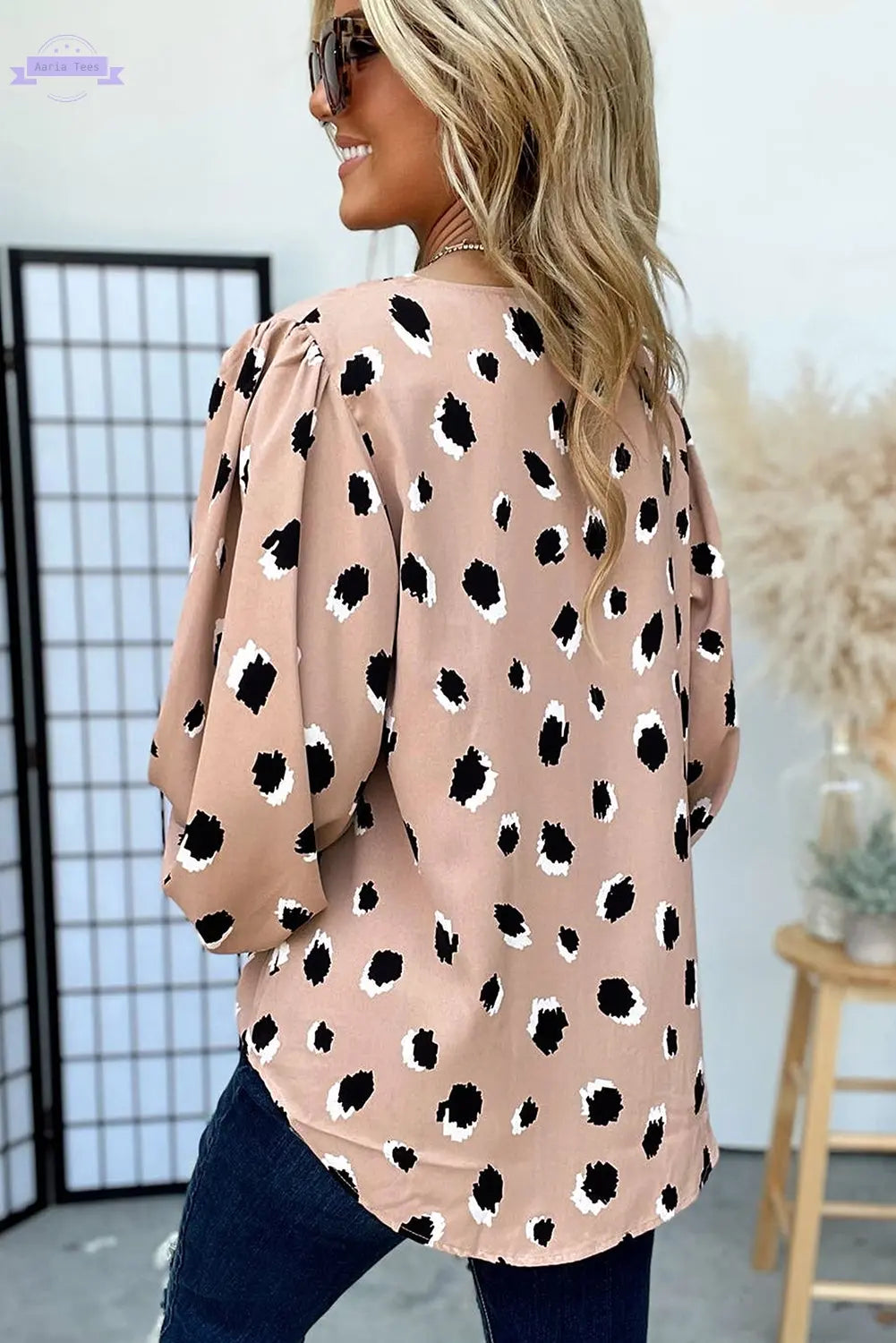 Khaki Classic Leopard V Neck Bracelet Sleeve Blouse Aaria Tees