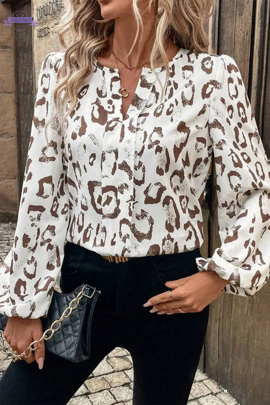 Khaki Leopard Print Split Neck Balloon Sleeve Blouse Aaria Tees