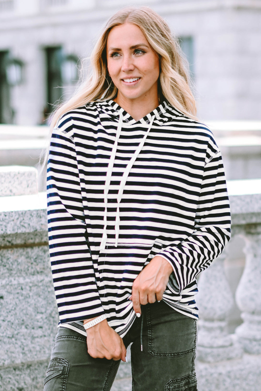 Julia Stripe Kangaroo Pocket Drawstring Hoodie - Aaria Tees
