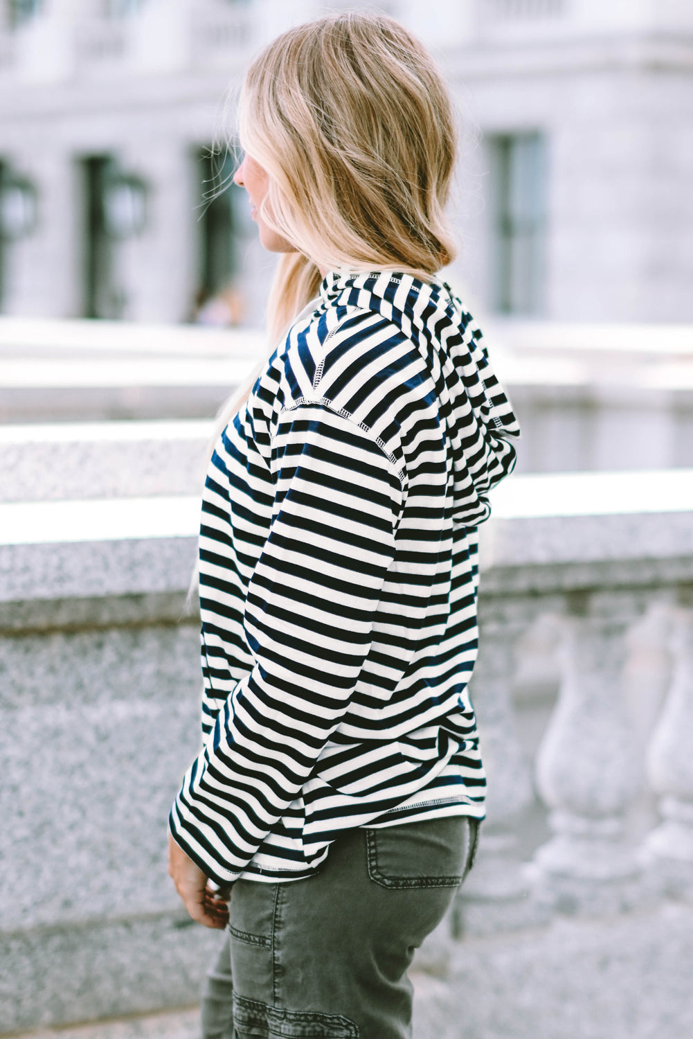 Julia Stripe Kangaroo Pocket Drawstring Hoodie - Aaria Tees