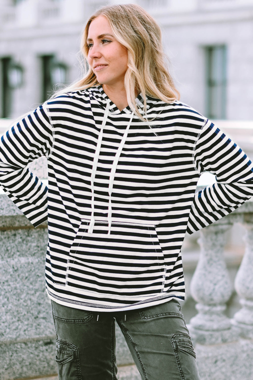 Julia Stripe Kangaroo Pocket Drawstring Hoodie - Aaria Tees