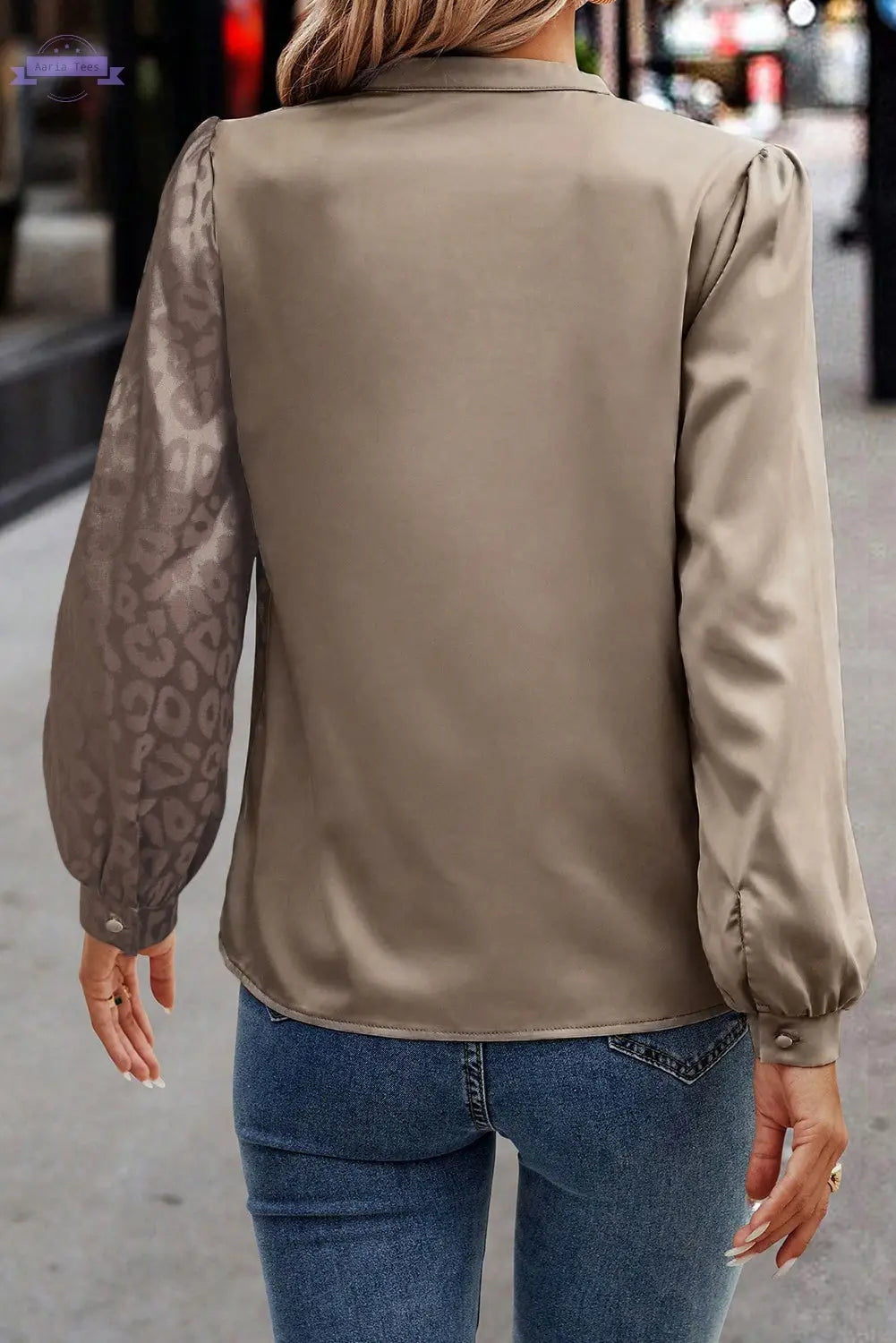 Light French Beige Contrast Half Leopard Jacquard Satin Blouse Aaria Tees Aaria Tees