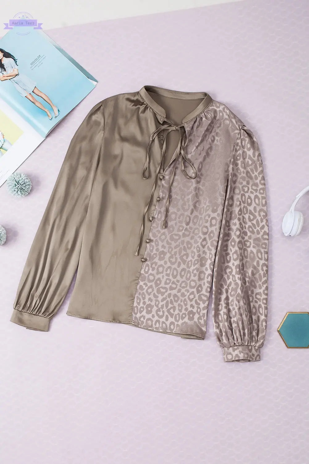 Light French Beige Contrast Half Leopard Jacquard Satin Blouse Aaria Tees Aaria Tees