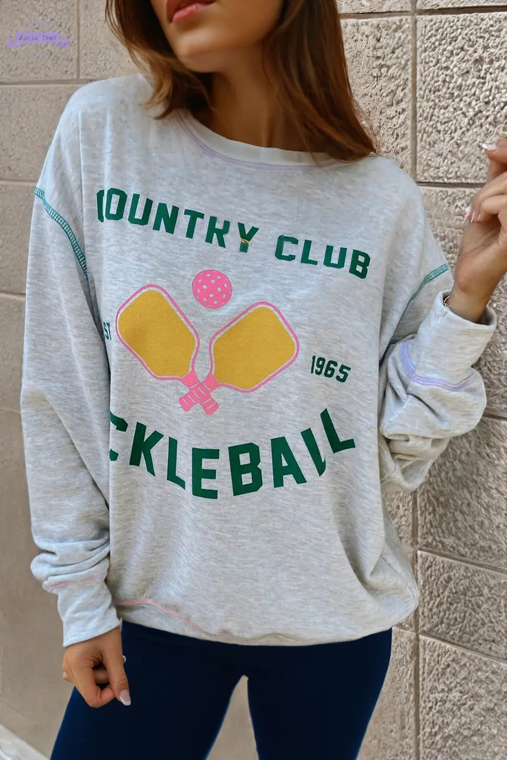 Light Grey COUNTRY CLUB PICKLEBALL Graphic Exposed Stitching Casual Sweatshirt Aaria Tees