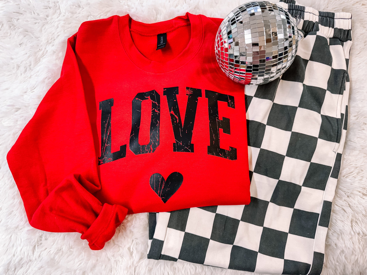 Love Distressed Varsity Valentine's Sweatshirt - Ready to Ship - Aaria Tees
