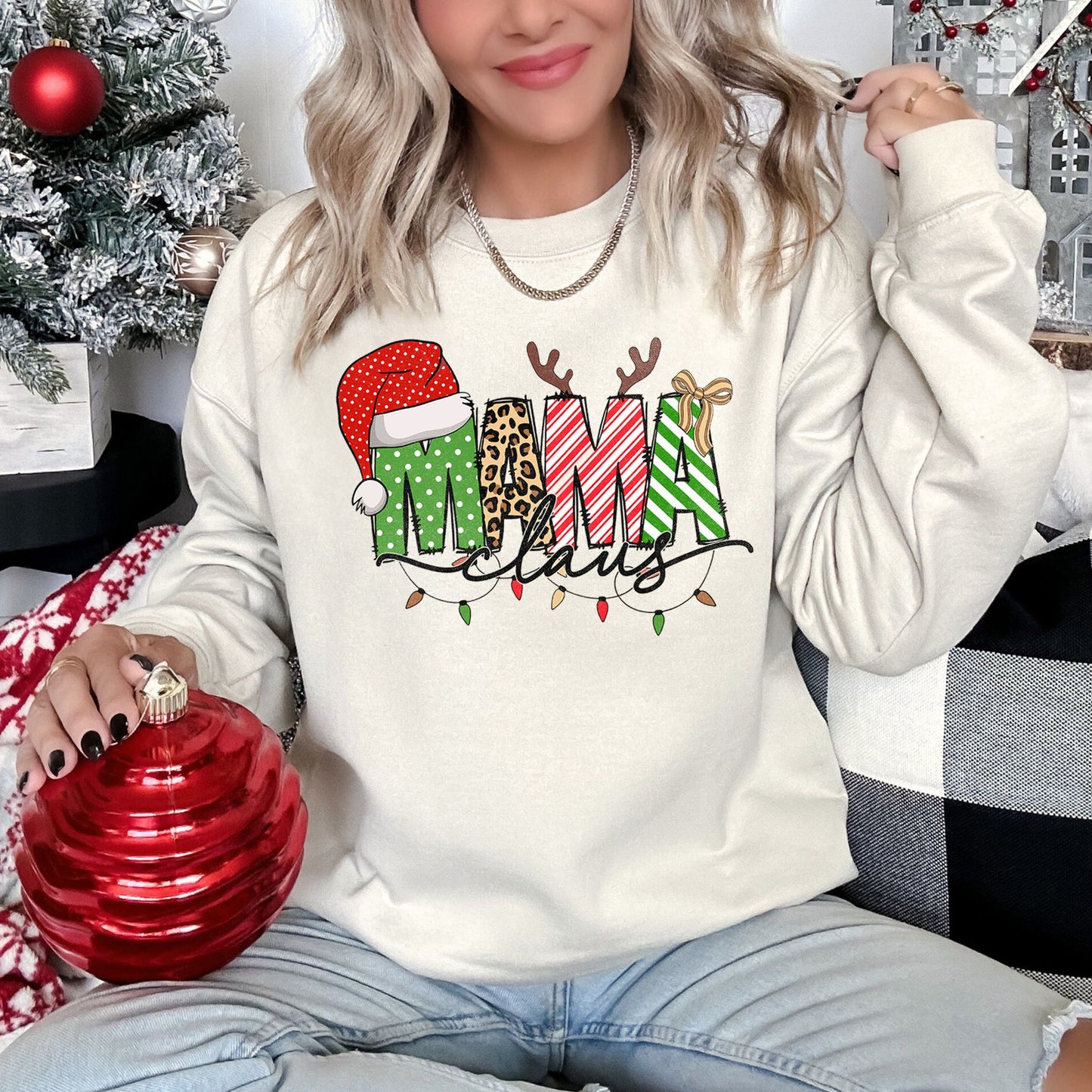 Mama Claus, Santa, Plaid, Leopard Print, Christmas Sweatshirt