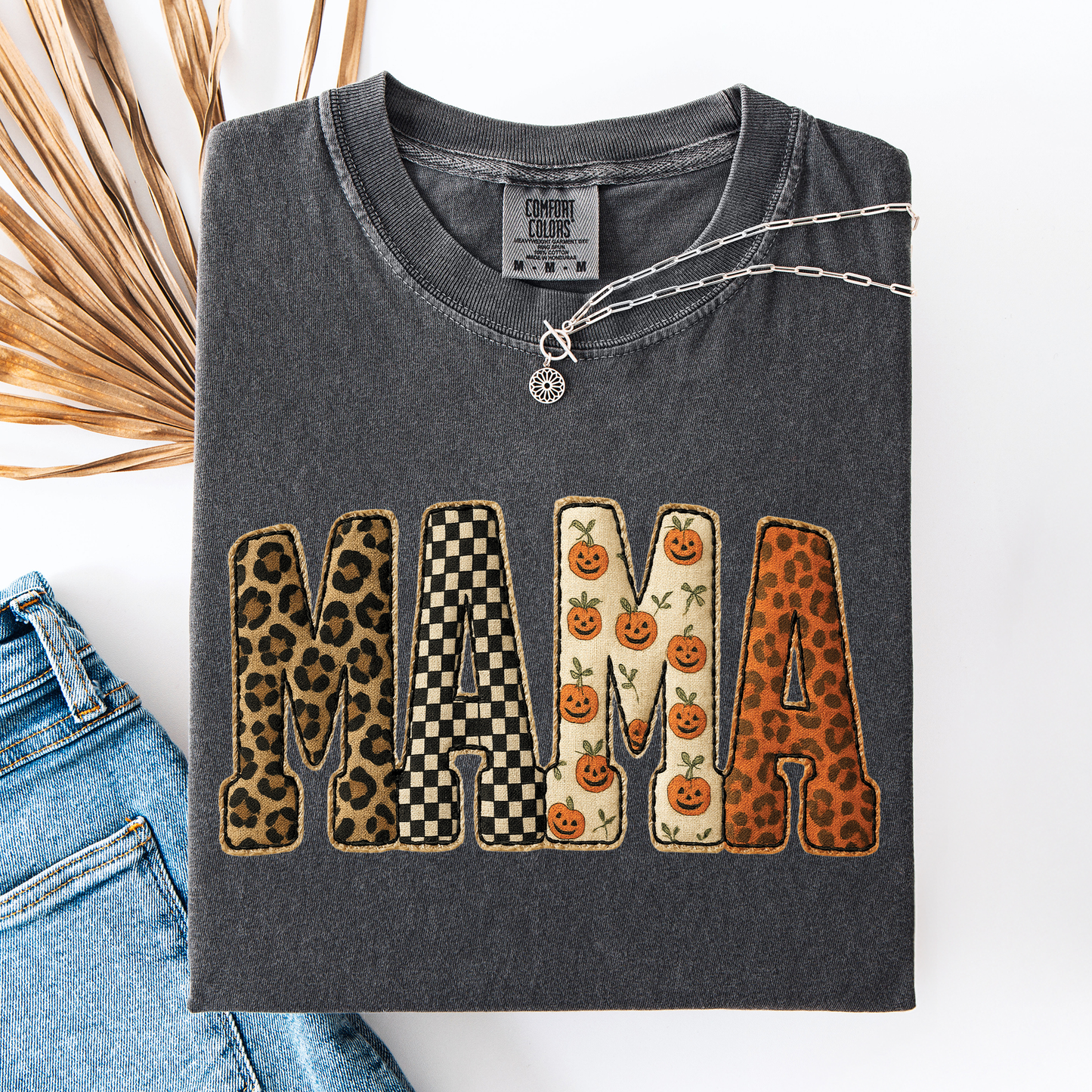 Mama, Halloween Pattern, Leopard Print, Checkered, Pumpkin, Comfort Colors T-Shirt