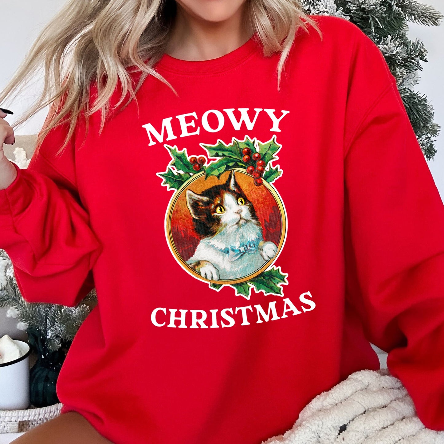 Meowy Christmas, Funny, Retro Cat Sweatshirt