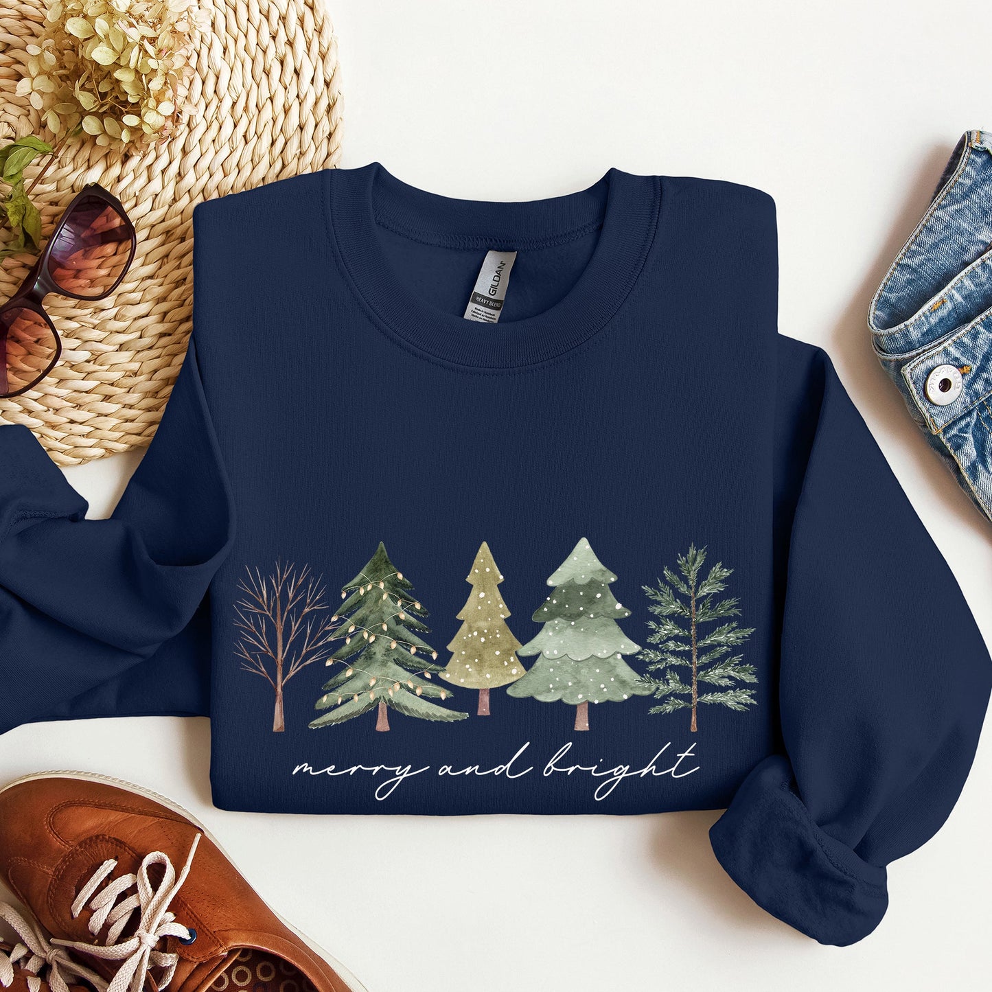 Merry And Bright, Watercolor Trees, Christmas Sweatshirt