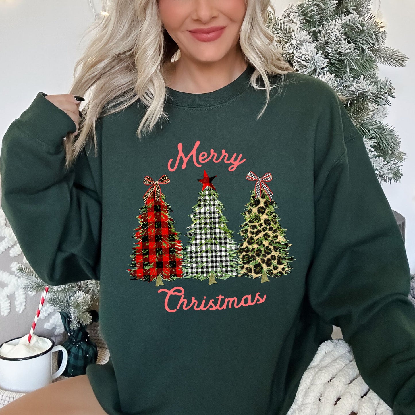 Merry Christmas, Leopard Print and Plaid Trees Sweatshirt