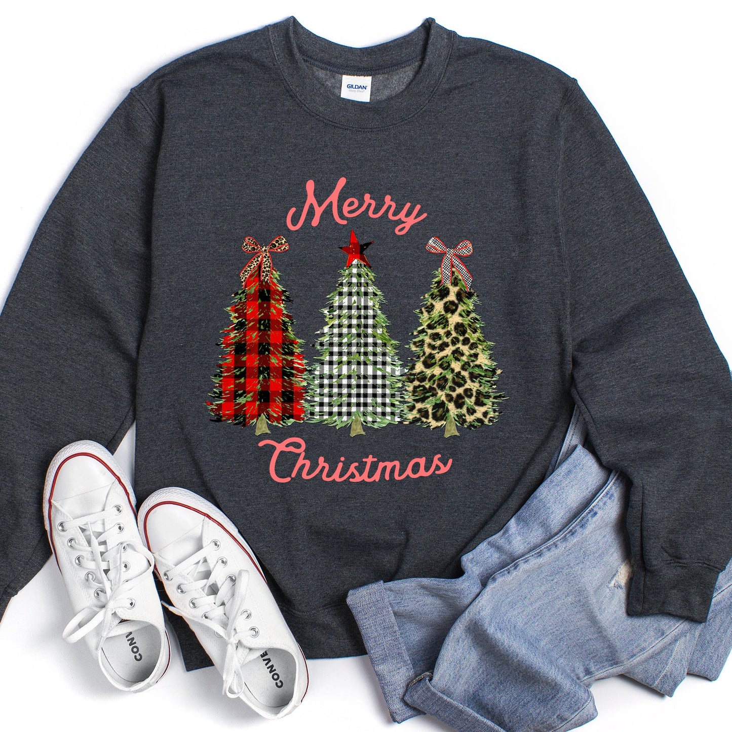 Merry Christmas, Leopard Print and Plaid Trees Sweatshirt