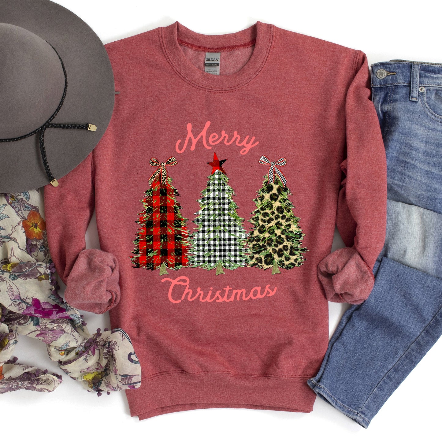 Merry Christmas, Leopard Print and Plaid Trees Sweatshirt