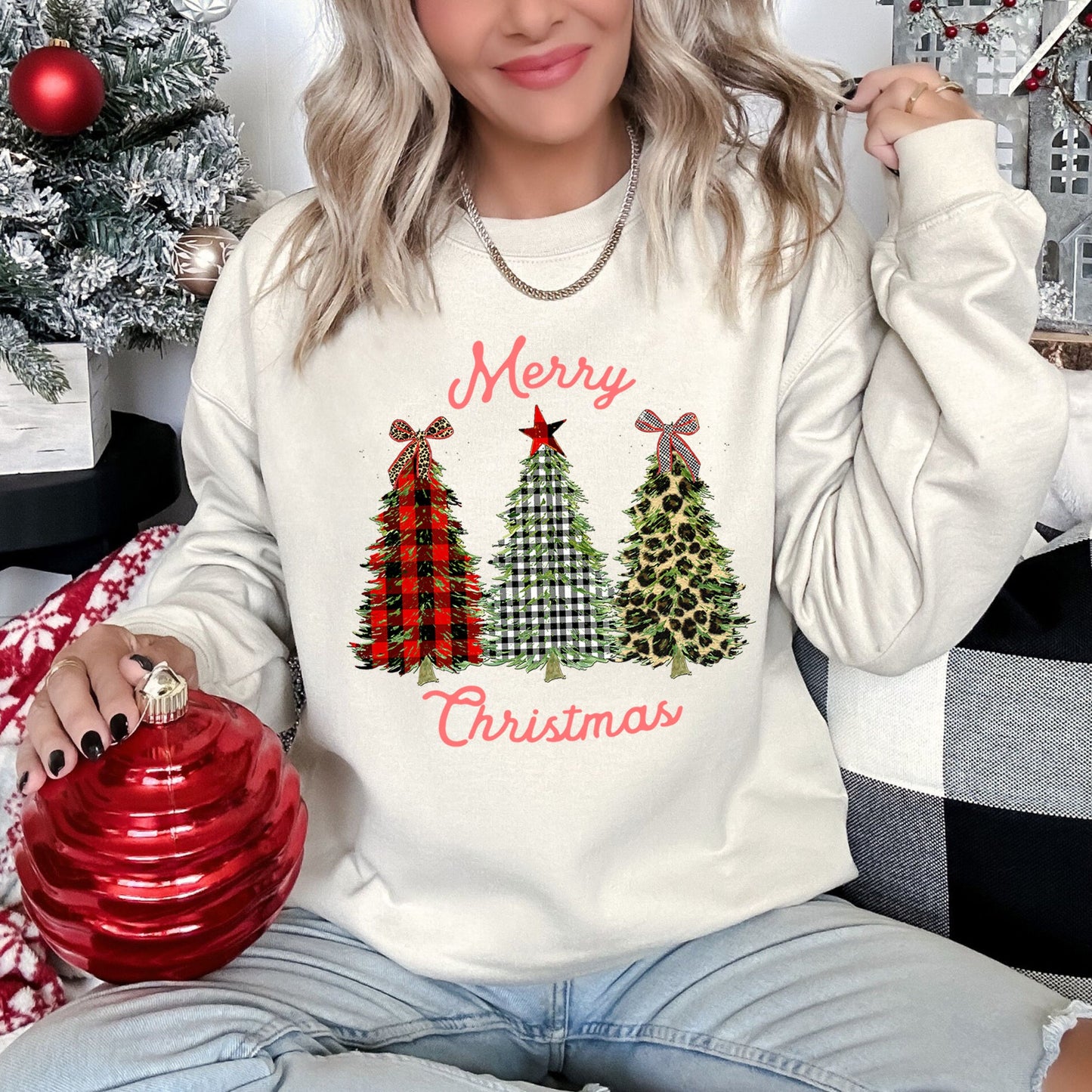 Merry Christmas, Leopard Print and Plaid Trees Sweatshirt