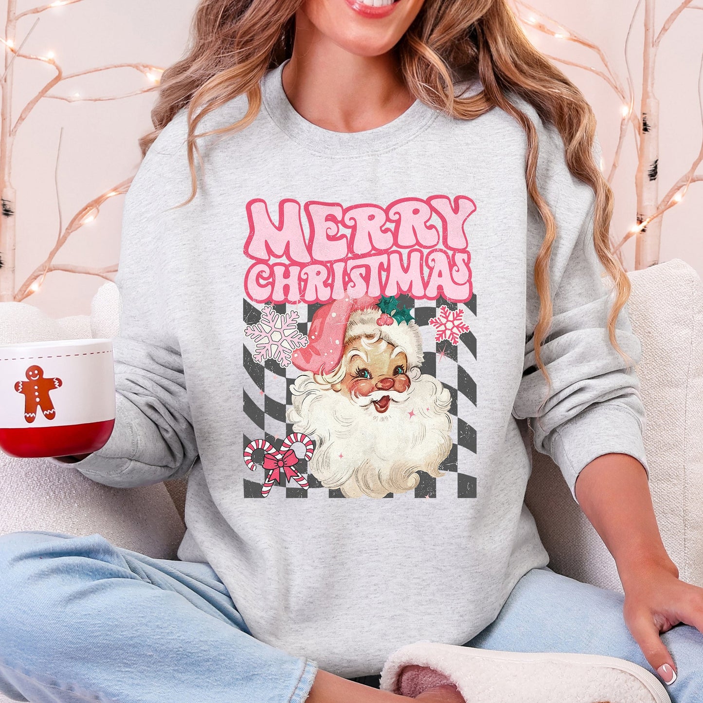 Merry Christmas, Retro Santa, Checkered, Vintage Sweatshirt