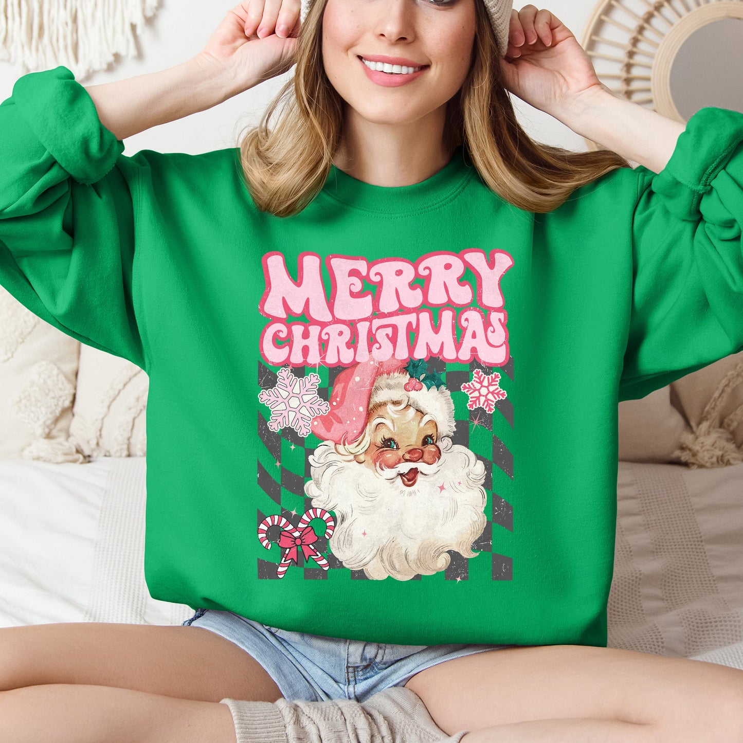 Merry Christmas, Retro Santa, Checkered, Vintage Sweatshirt