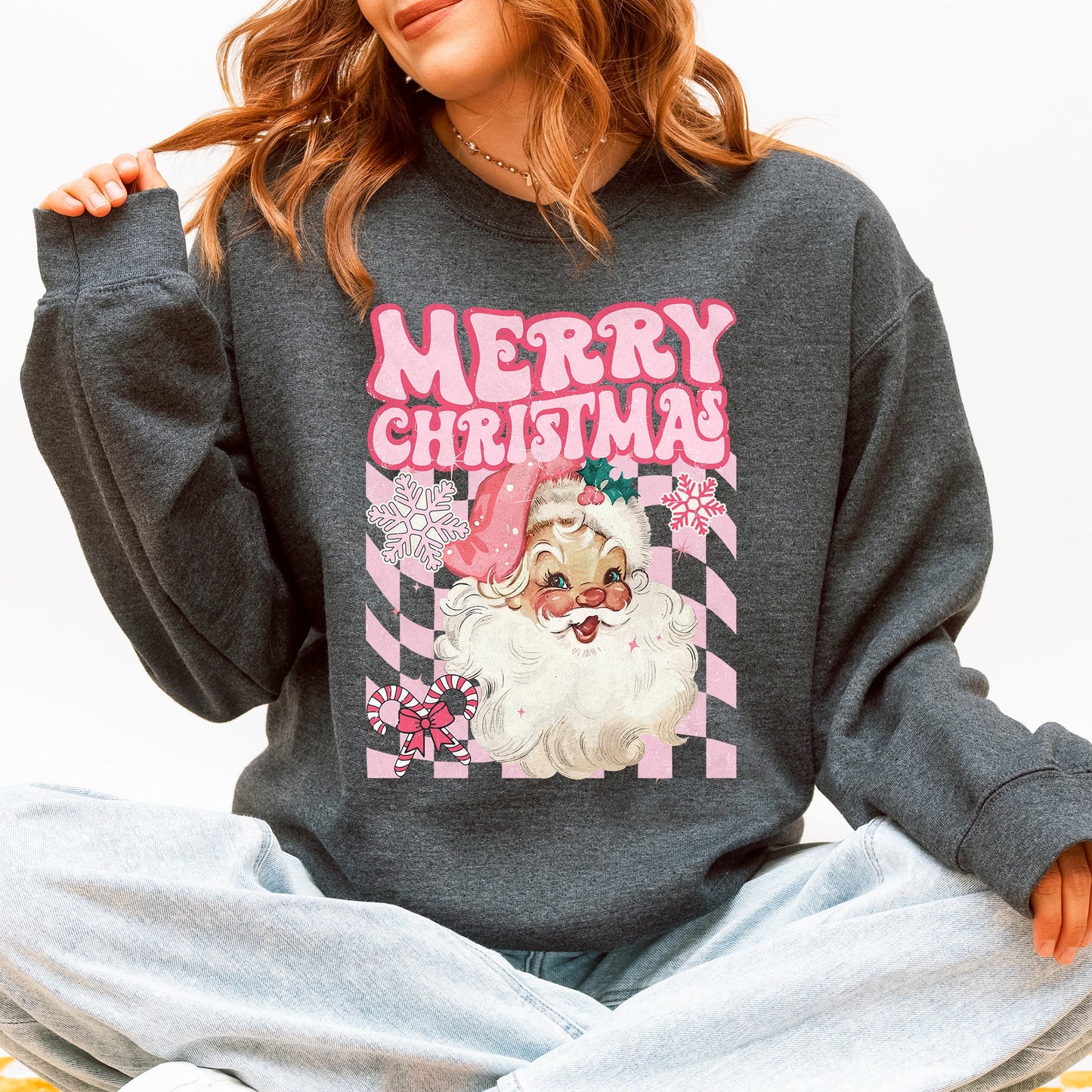 Merry Christmas, Retro Santa, Checkered, Vintage Sweatshirt