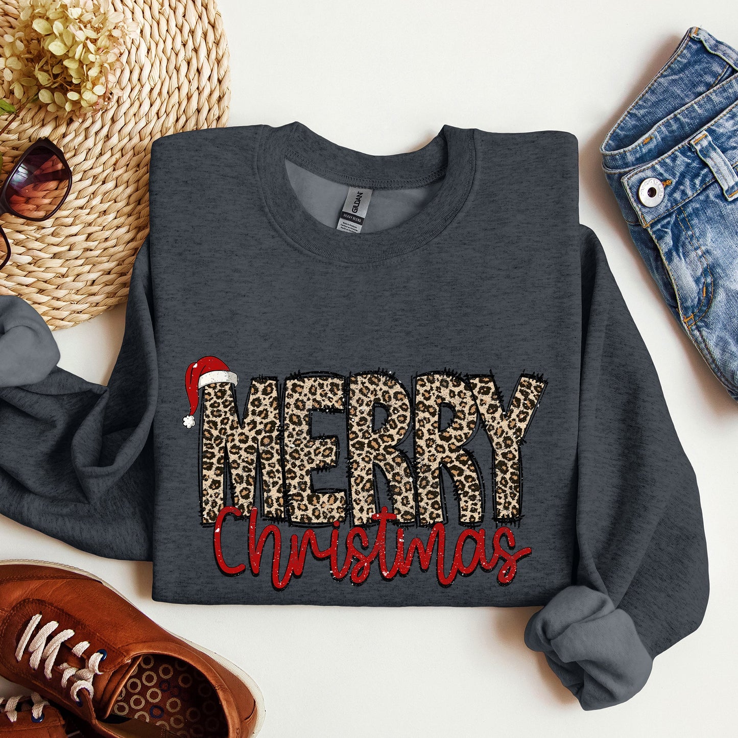 Merry Christmas, Retro, Leopard Print Sweatshirt