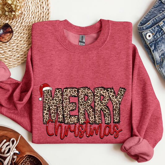 Merry Christmas, Retro, Leopard Print Sweatshirt