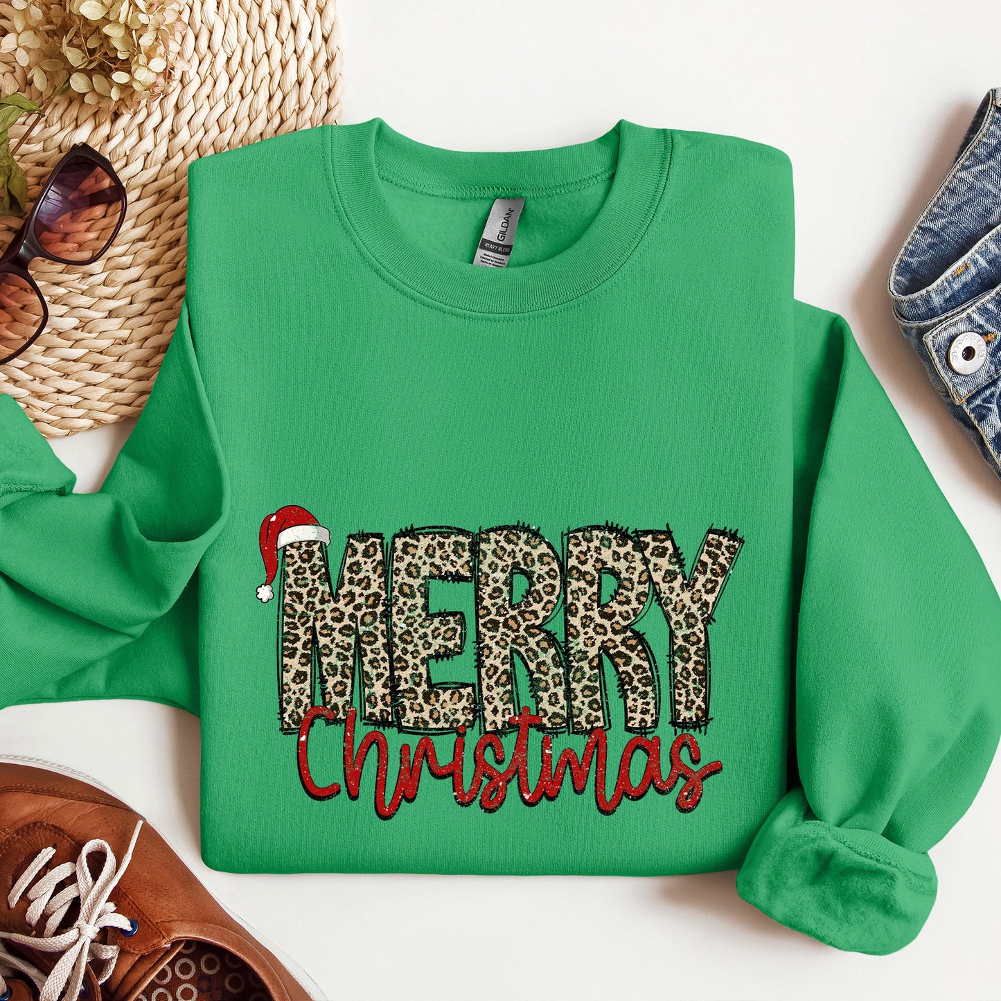 Merry Christmas, Retro, Leopard Print Sweatshirt