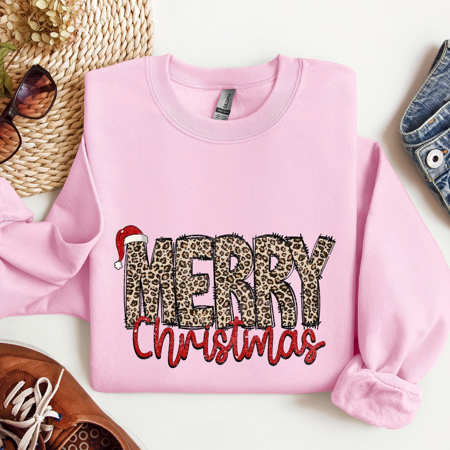 Merry Christmas, Retro, Leopard Print Sweatshirt