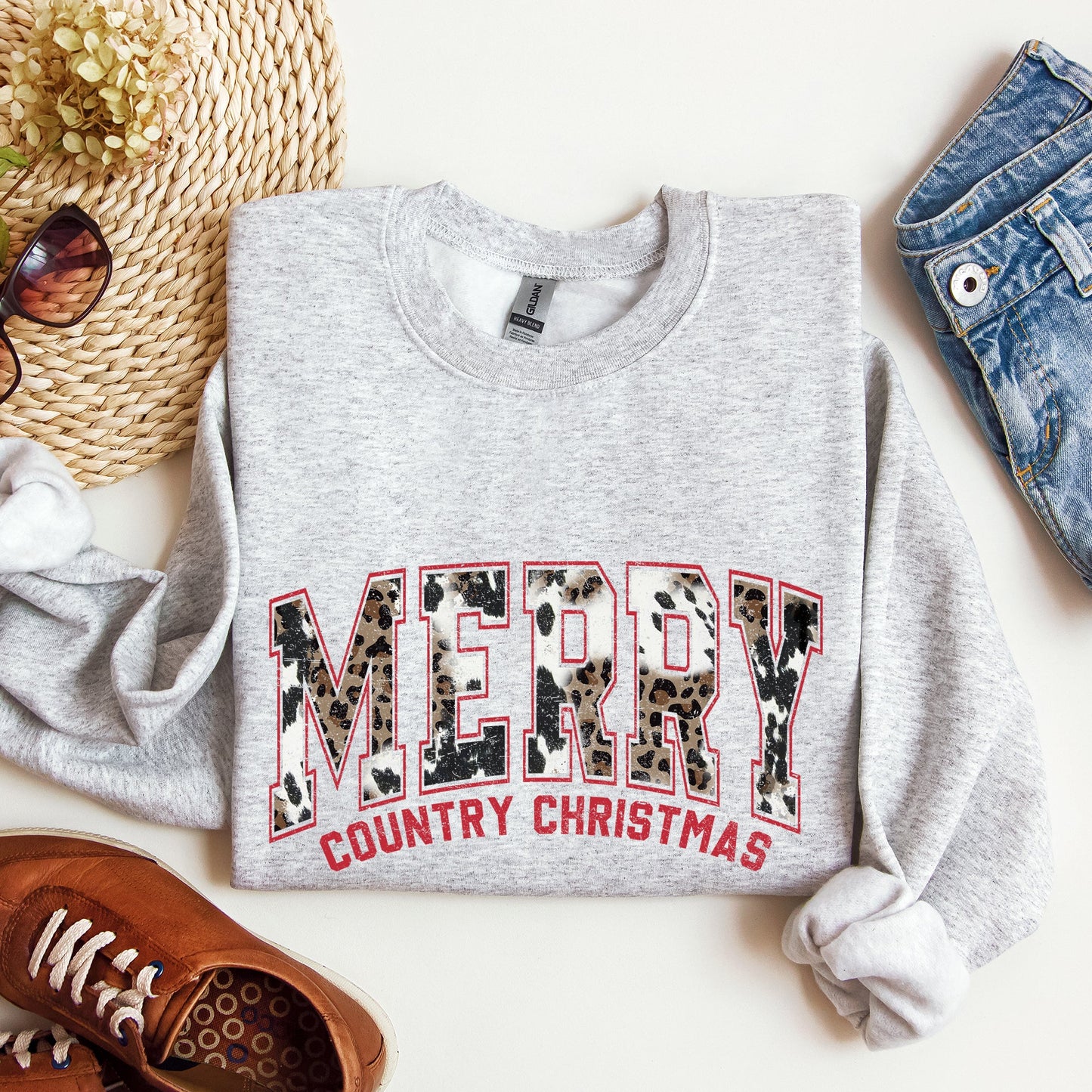 Merry Country Christmas, Collegiate Style, Retro, Fur, Leopard Print Sweatshirt