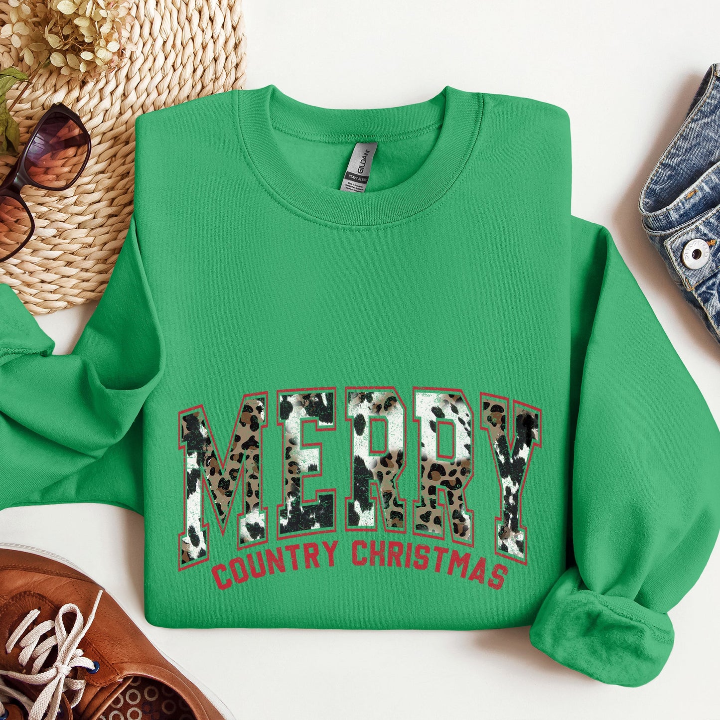 Merry Country Christmas, Collegiate Style, Retro, Fur, Leopard Print Sweatshirt