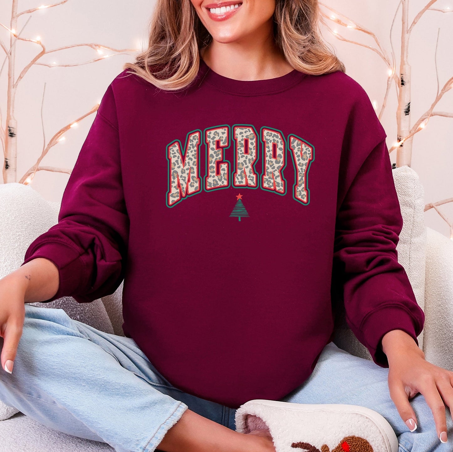 Merry Leopard Print Varsity, Christmas Tree, Santa Sweatshirt