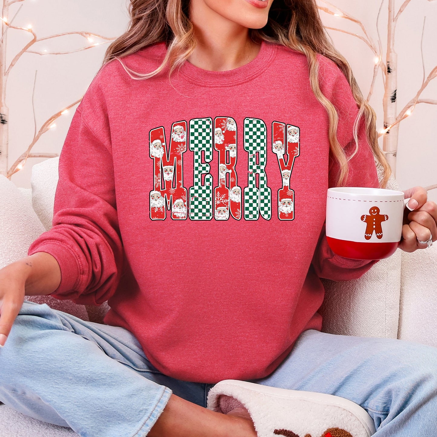 Merry, Varsity Santa, Checkered, Christmas Sweatshirt