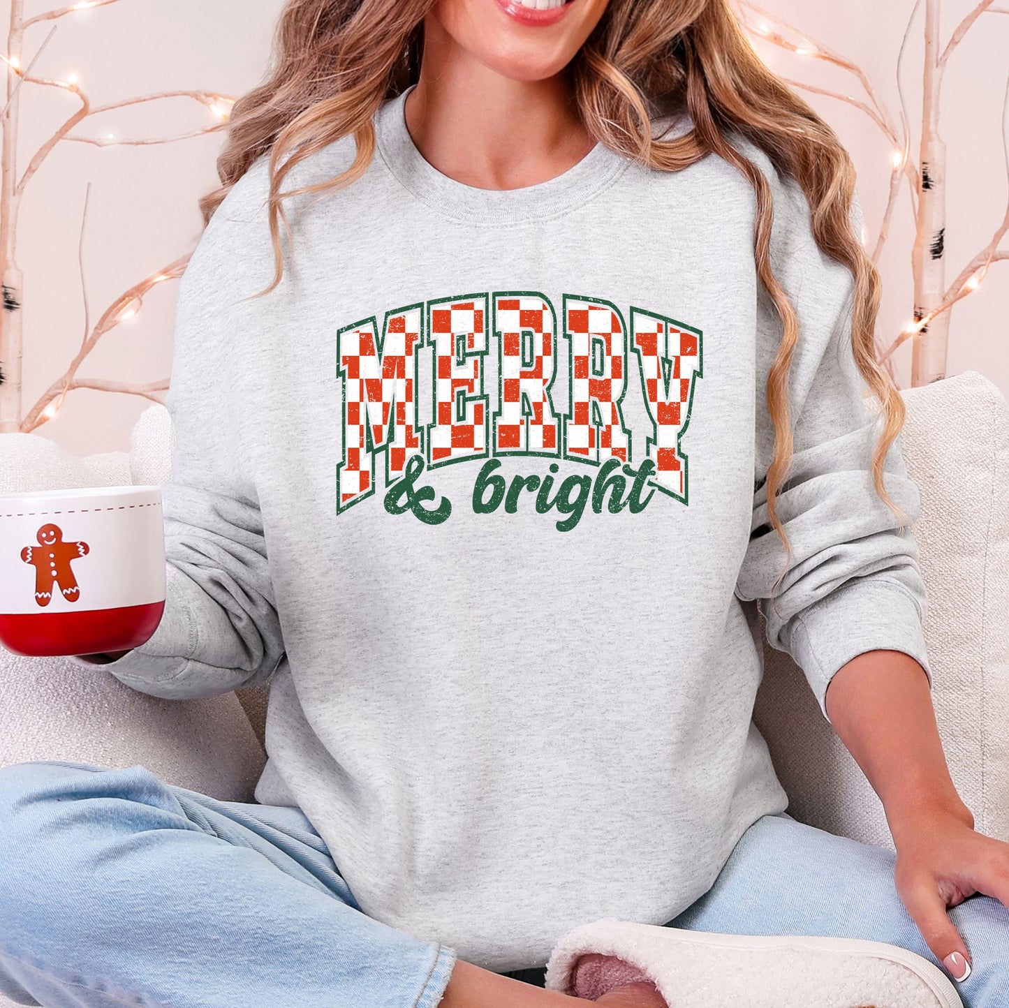 Merry and Bright, Christmas, Checkered, Retro Sweatshirt