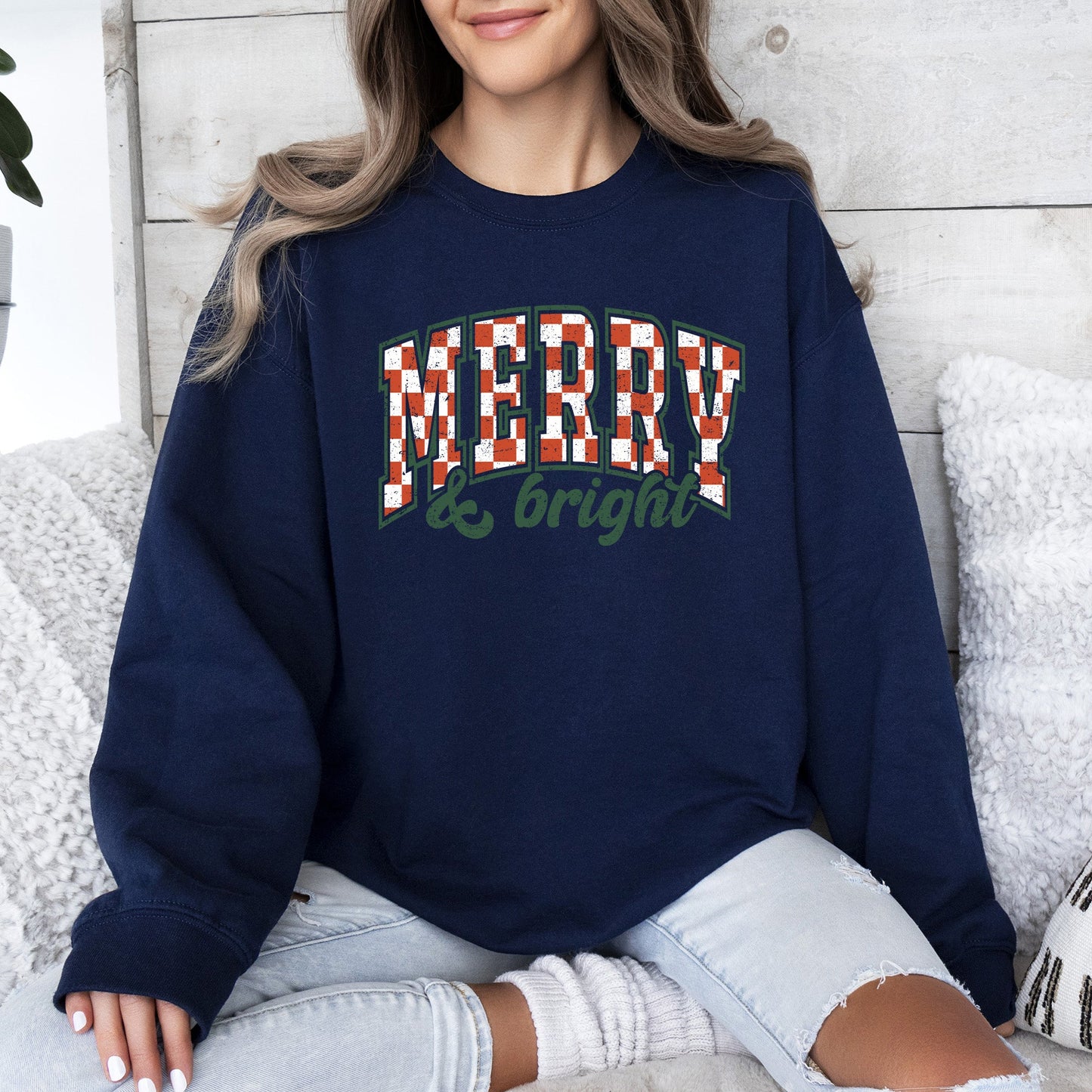 Merry and Bright, Christmas, Checkered, Retro Sweatshirt