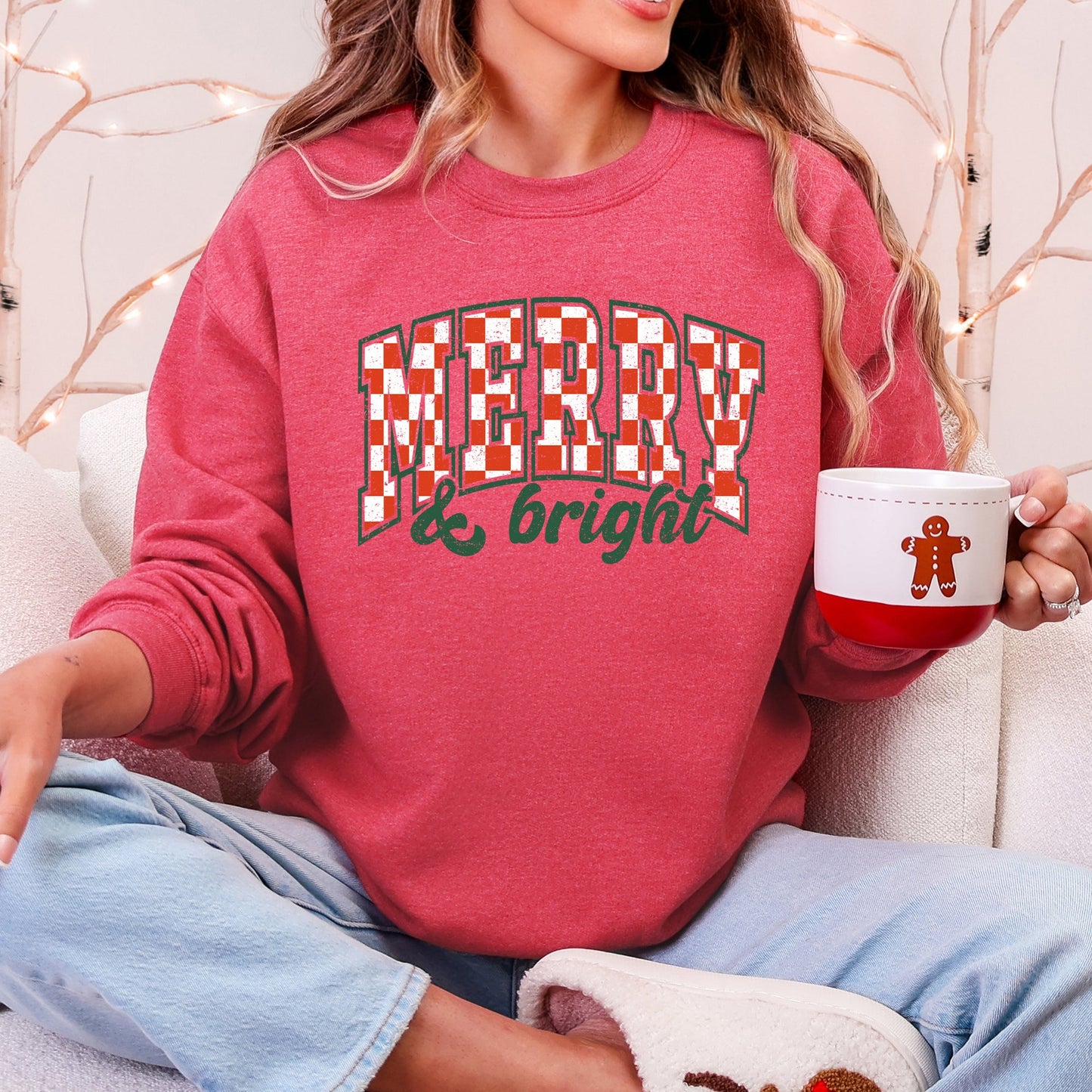 Merry and Bright, Christmas, Checkered, Retro Sweatshirt