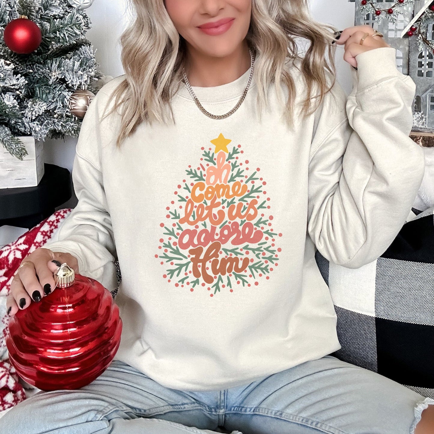 Oh Come Let Us Adore Him, Retro Sign, Christmas Sweatshirt