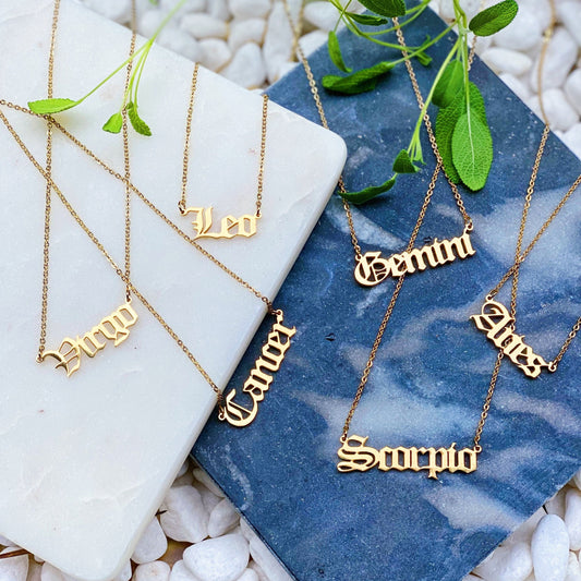 Old English Zodiac Necklace - Aaria Tees