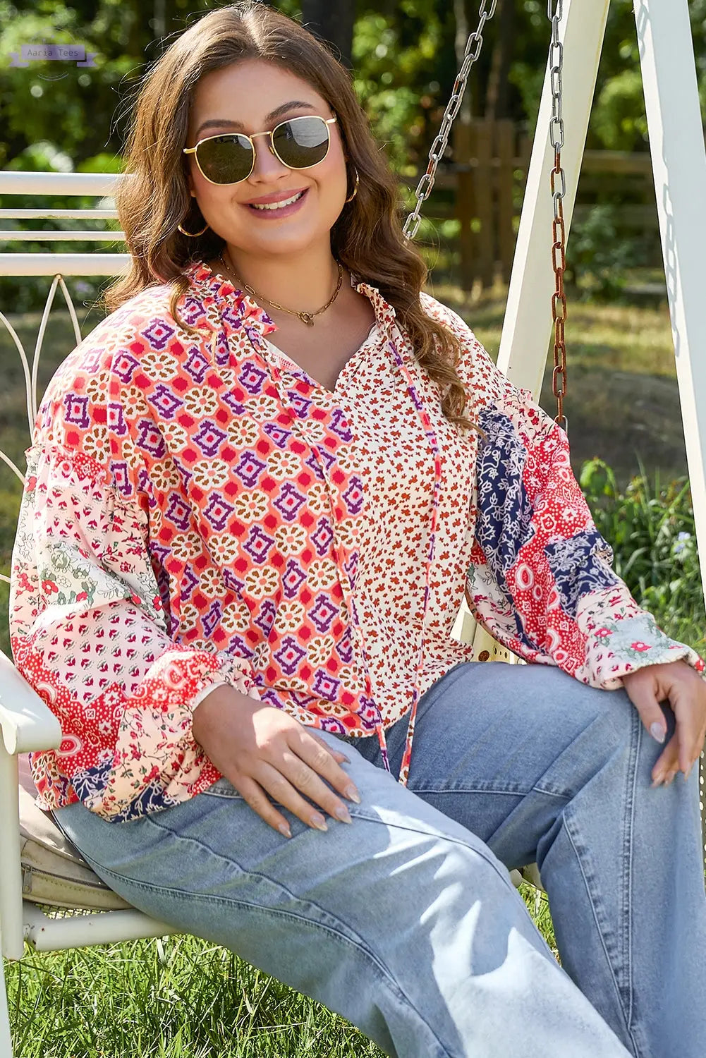 Orange Floral Geometric Patchwork Lace-up Crewneck Plus Size Blouse Aaria Tees Aaria Tees