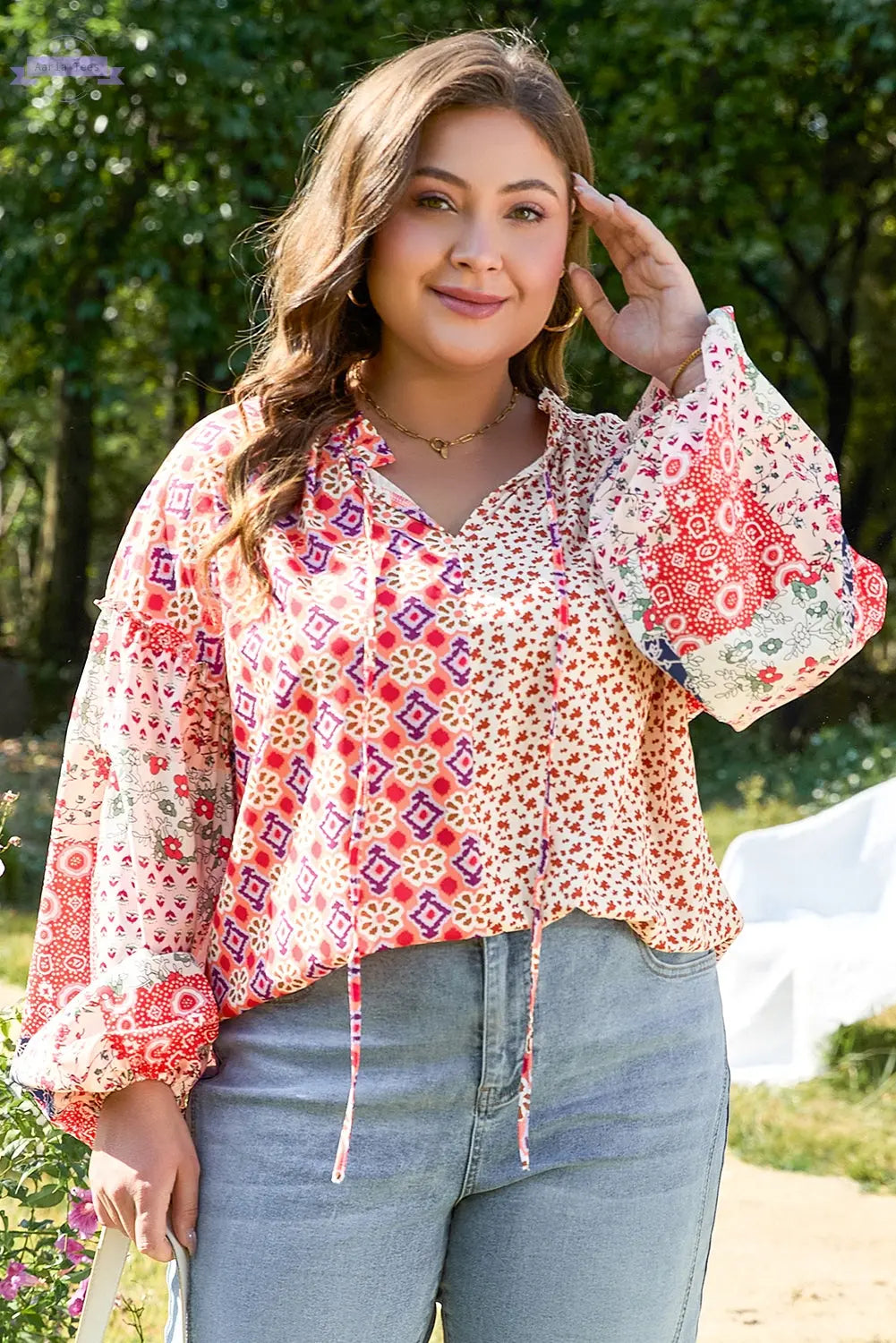 Orange Floral Geometric Patchwork Lace-up Crewneck Plus Size Blouse Aaria Tees Aaria Tees