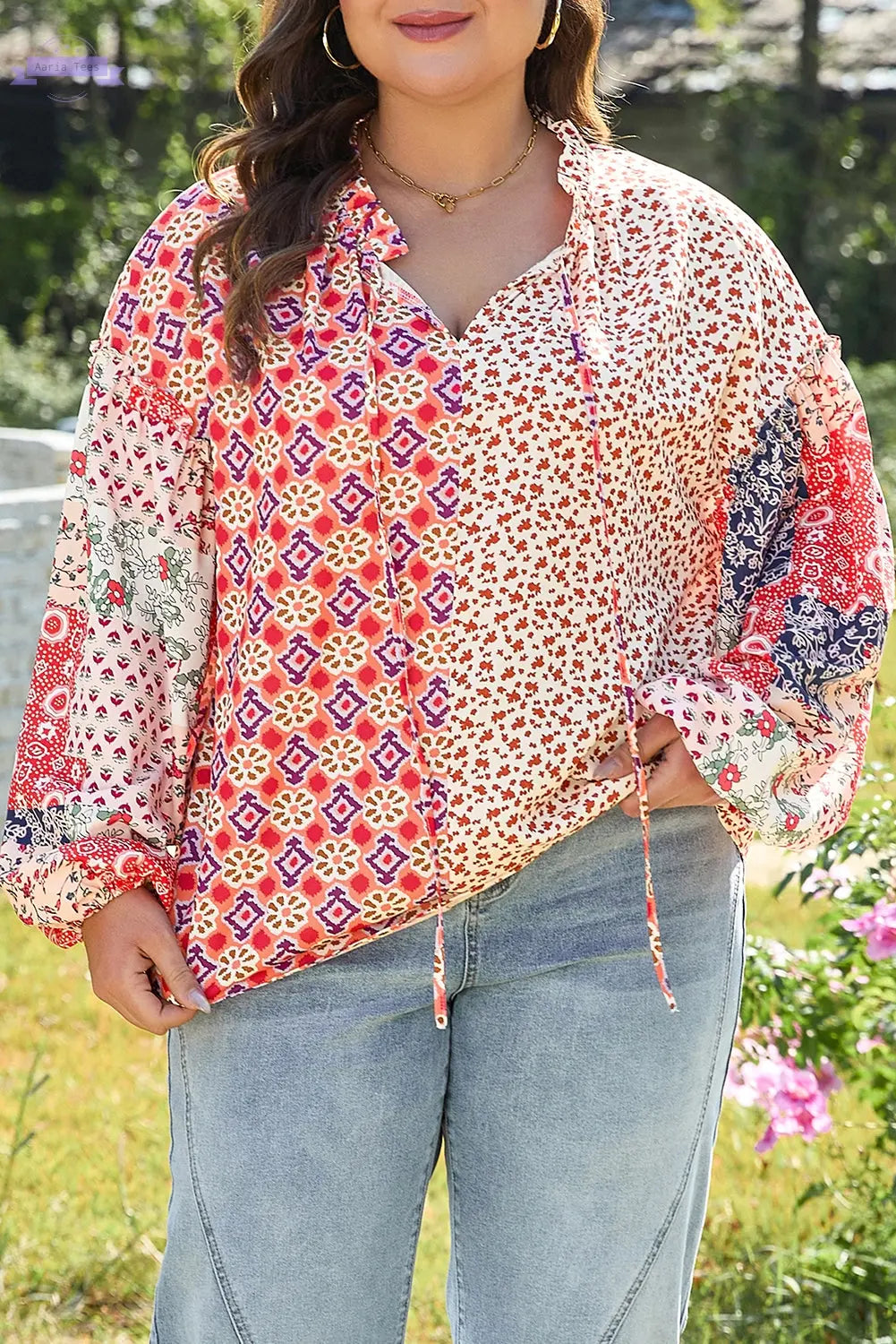 Orange Floral Geometric Patchwork Lace-up Crewneck Plus Size Blouse Aaria Tees Aaria Tees