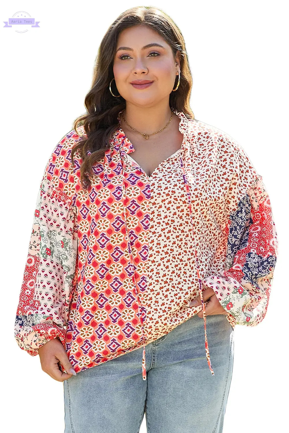 Orange Floral Geometric Patchwork Lace-up Crewneck Plus Size Blouse Aaria Tees Aaria Tees