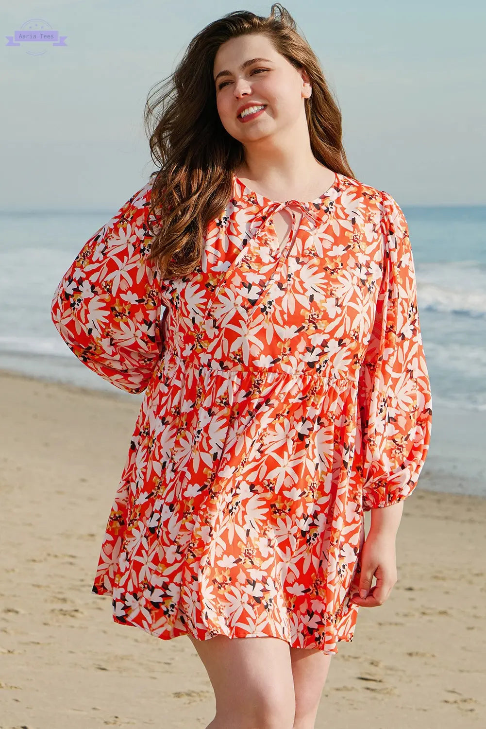 Orange Floral Print Split V Neck Bubble Sleeve Plus Size Midi Dress Aaria Tees Aaria Tees