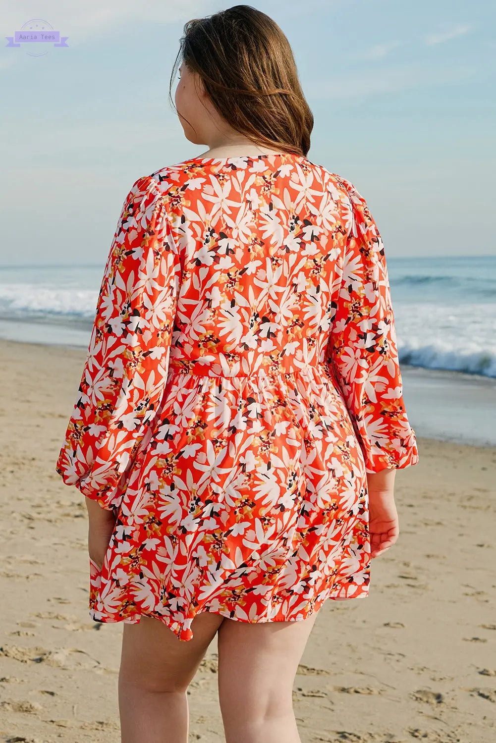Orange Floral Print Split V Neck Bubble Sleeve Plus Size Midi Dress Aaria Tees Aaria Tees