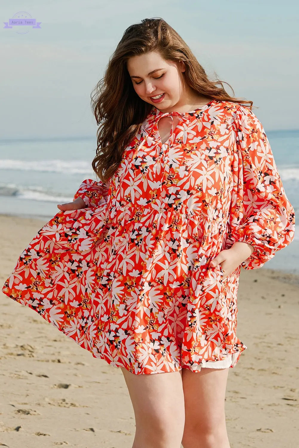 Orange Floral Print Split V Neck Bubble Sleeve Plus Size Midi Dress Aaria Tees Aaria Tees